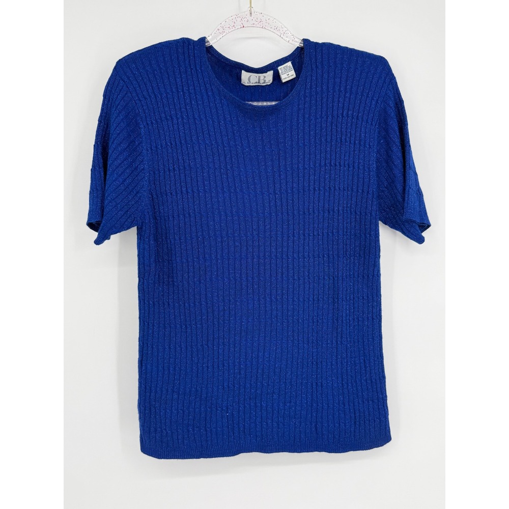 CB Collections Royal Blue Ribbed Knit Sparkle Short Sleeve‎ Top M Vintage